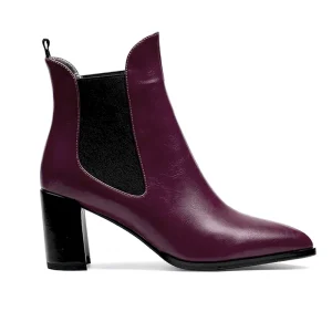 Women Purple Genuine Leather Pointed Toe High Top Block Heel Ankle Boots