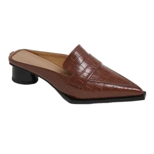 Women Real Leather Ladies Mid High Heels Shoes Mules Slippers with Rubber Outsole Sandals