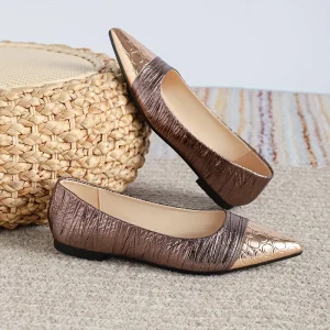Women Retro Pleated Color Patchwork Flat Ballerinas Comfortable Slip On Shoes Flat Insole Closed Toe Casual Dress Shoes