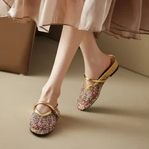 Women Round Toe Mules Flat Heel Mesh Rhinestone Buckle Strap Slip On Shoes Elegant Daily Footwear for Ladies