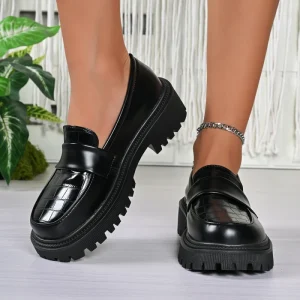 Women Round Toe Platform Chunky Sole Loafers Crocodile Embossed Slip On Mules Fashion Daily Footwear for Ladies