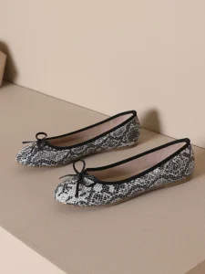 Women Round Toe Snake Print Ballet Flats Bow Decor Slip On Flat Casual Shoes