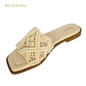 Women Sandals Slip-On Beige Woven Cotton Fabric Anti-Slippery Breathable Comfort Lightweight Summer Flats