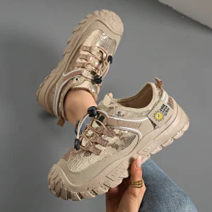 Women Sequins Decor Outdoor Hiking Shoes Lace-up Chunky Sole Casual Fashion Sneakers for Ladies