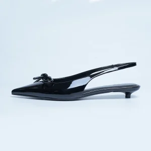 Women Sexy Fashion Black Leather Pointed Toe Slingback Low Heel Sandal