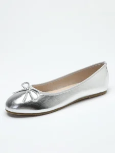 Women Shiny Silver Ballerina Flats Comfortable Bow Design Slip On Flat Shoes for Party & Daily Wear