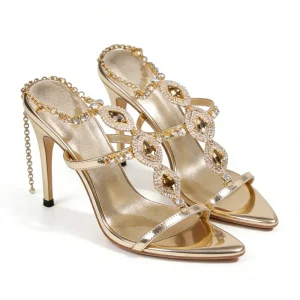 Women Shoe New Summer Women’s Gold Luxury Rhinestone Open Toe High Heel Sandals Sexy Shoes for Banquet