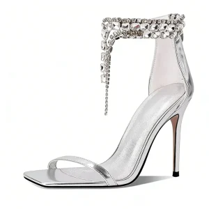 Women Shoe Women’s Silver Rhinestone Ankle Strap Open Toe Stiletto Sandals Elegant High Heels for Party Evening Dress