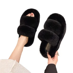 Women Shoes Fashion Fur Slippers Winter Rabbit Fur Designers Furry Fur Slippers for Women