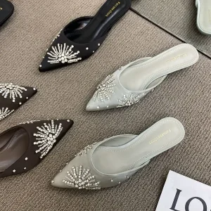 Women Shoes Summer Short Heel Diamond Slippers Outdoor Pointed Toe Ladies Half Sandals Women’s Slide Sandal Shoes