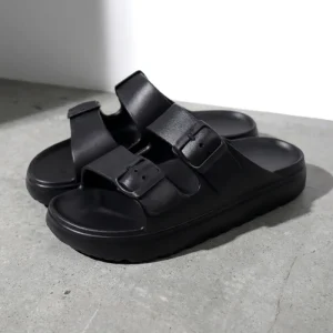 Women Slides Double Buckle Sandals Black Platform Slippers Open Toe Fashion Sandals for Women Summer