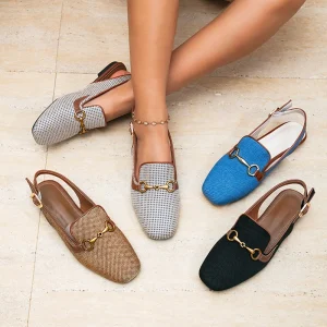 Women Slingback Loafers Horsebit Buckle Backless Flats Summer Breathable Linen Casual Shoes for Office Lady