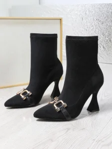 Women Slip-On Stretch Fabric Ankle Boots Pointed Toe Metal Buckle Flared High Heel Elegant Evening Party Short Booties