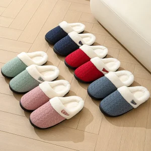 Women Soft Faux Fur Lined Closed Back Knit Slippers Slip On Warm Spring Indoor Outdoor Comfort Pantuflas