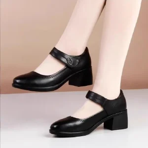 Women Soft Leather Pumps Waterproof Wear Resistant Work Single Thick Heels Shoes