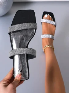Women Square Toe Rhinestone Slide Sandals Summer Bling Double Strap Flat Slippers Casual Beach Party Slides for Ladies