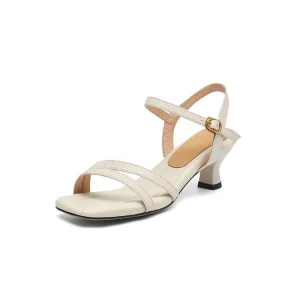 Women Summer Fashion Square Toe Genuine Leather Ankle Strap Kitten Heels Sandal
