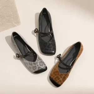 Women Summer Leopard Print Mary Jane Shoes Retro Buckle Strap Breathable Low Heel Flats Casual Slip On