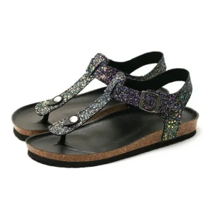 Women T Strap Sequined Cloth Slippers Cork Sole Flat Sandals Flip flops Outdoor Shoes
