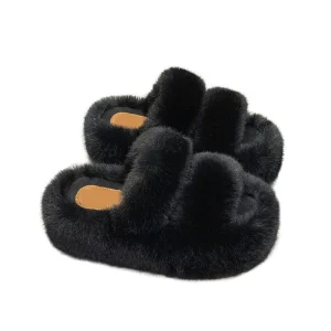 Women Thicken Plush Fur Slippers Winter Slip On Chunky Platform Loafers Mules Thick Bottom Plush Slippers Flip Flops