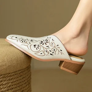 Women Vintage Cut Out Mules 4Cm Block Heel Pointed Toe Slides Breathable Cowhide Upper Sheepskin Insole Non Slip Casual Shoes