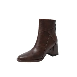Women Vintage Square Toe Ankle Boots Block High Heel Back Zipper Fashion Short Boots Plus Size