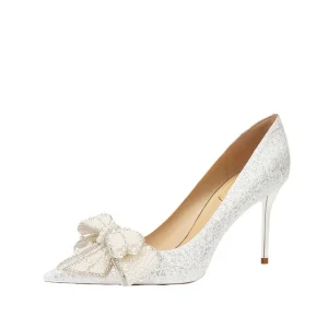 Women Wedding Shoes Glitter Glamorous Point Toe High Heel White Wedding Shoes