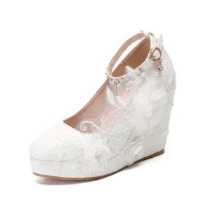 Women Wedge Heel White Lace Diamond Wedding Shoes Bride Shoes