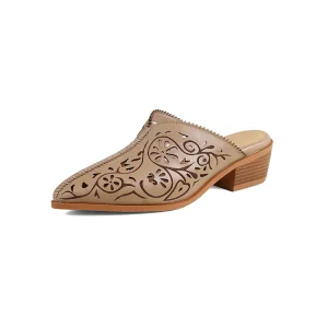 Women Western Floral Laser Cut Mules Pointed Toe Low Block Heel Slip on Mules Shoes