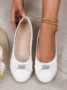 Women White Bow Rhinestone Flat Shoes Soft PU Slip on Ballet Flats Comfort Daily Walking Dress Shoes Ladies Casual Loafers