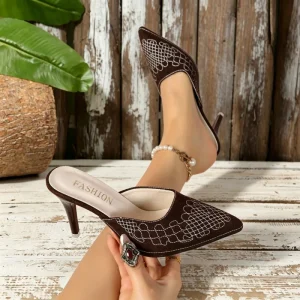 Women White Embroidery Pointed Toe Stiletto Heel Mule Slide Sandals Vintage Evening Party Footwear