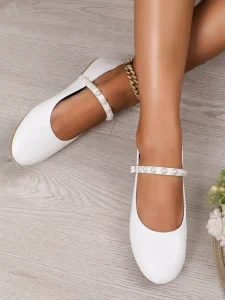 Women White Pearl Ankle Strap Mary Jane Flats Comfort Flat Ballet Shoes Ladies Casual Dress Wedding Party Walking Shoes