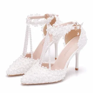 Women White Super High Heel Summer Wedding Shoes Women White Lace Pearl Bridal Shoes