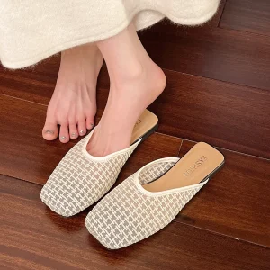 Women Woven Square Toe Flat Mules Factory OEM Custom Ladies Breathable Mesh Backless Slides
