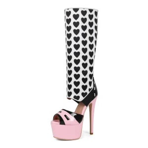 Women’s 15cm High Heel Platform Knee High Boots Black White Heart Print Stripper Pole Dance Shoes Peep Toe Stiletto Heels