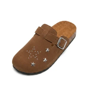 Women’s 3cm Thick Suede Cork Clogs Star Rivet Adjustable Non-Slip Backless Mule Slippers for Home & Outdoor