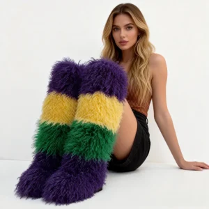 Women’s 50CM Knee-Length Fur Snow Boot, Soft Synthetic Fur, Round Toe