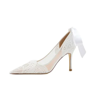 Women’s 6.5 cm High Heel Pumps Pointed Toe Wedding Shoes with Ankle Strap PU Insole and Mesh Lining Bow Detail