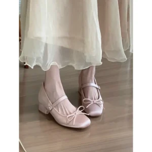 Women’s 7CM Hidden Heel Pink Satin Bow Chunky Heel Mary Jane Shoes Soft Sole Versatile Ballet Style Elegant Casual Dress Shoes