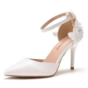 Women’s 9.5cm High Heel White Lace Bow Strap Wedding Shoes Fish Mouth Bride Sandals