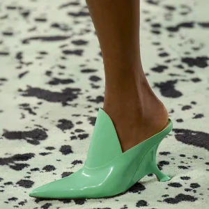 Women’s 9CM Wedges Heels Slip-On Mules Shoes Pointed Toe Patent Leather Dress Pumps Fashion Sandals Slippers