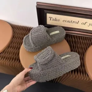 Women’s Adjustable Daily Flat Casual Faux Fur Loafer Solid Color Fuzzy Fluffy House Fleece Home Slippers