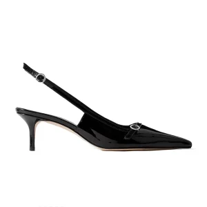 Women’s Adjustable Slingback Pointed Toe Office Shoes Breathable Low Kitten Heel Black Patent Leather Pumps