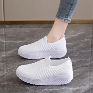 Women’s All Black Solid Slip-On Work Shoes Mesh Rubber Outsole Lightweight Non-Slip Thick Bottom Platform