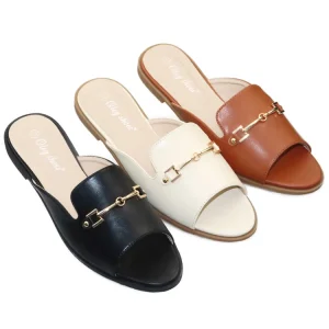 Women’s All Season Soft Leather Mule Slippers Pointed Toe Slip On Flat Backless Shoes with Buckle for Summer