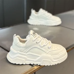 Women’s All-White Chunky Sneakers Thick Sole Lace-Up Design Stylish Casual Shoes for Trendy Outfits