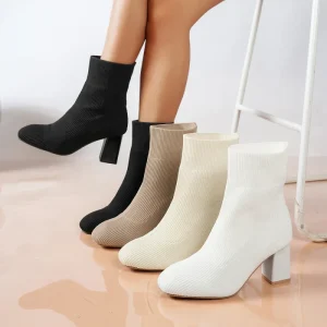 Women’s Ankle Chunky Heel Square Toe Boots Breathable Warmth Slip-On Mesh Fabric Spring Autumn