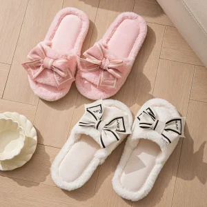 Women’s Anti-Slip Fluffy Slippers Home Flat Shoes Winter Soft Bow Tie Home Slippers
