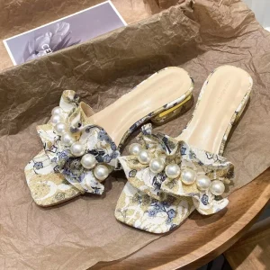 Women’s Anti-Slip Lace-Up Net Formal Summer Shoes Low High Heeled Thin Heels Peep Toe Floral Stones
