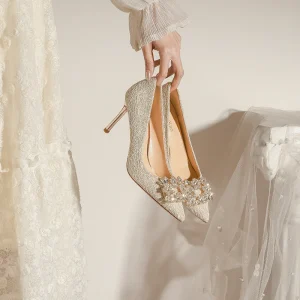 Women’s Anti-Slip Lace-Up Net Formal Summer Shoes Thin Heeled Peep Toe Floral Pattern Stretch Fabric Sexy Banquet Fashion Shoes
